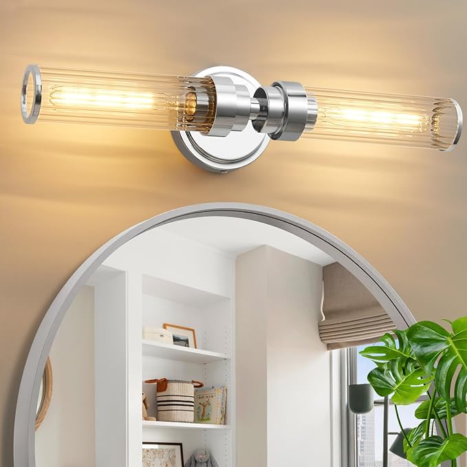 Bathroom Light Fixtures, Chrome Wall Sconce in Threaded Glass Indoor Vanity Lights, Modern Bathroom Vanity Light Up and Down Sconces Wall Lighting for Bathroom, Living Room - Bulb Not Included
