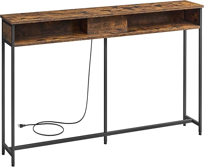 VASAGLE 55.1-Inch Console Table with Outlet and Shelves, Sofa Table with Charging Station, Behind Couch Table Skinny, Entryway Table for Hallway, Living Room, Rustic Brown and Ink Black ULNT120K01