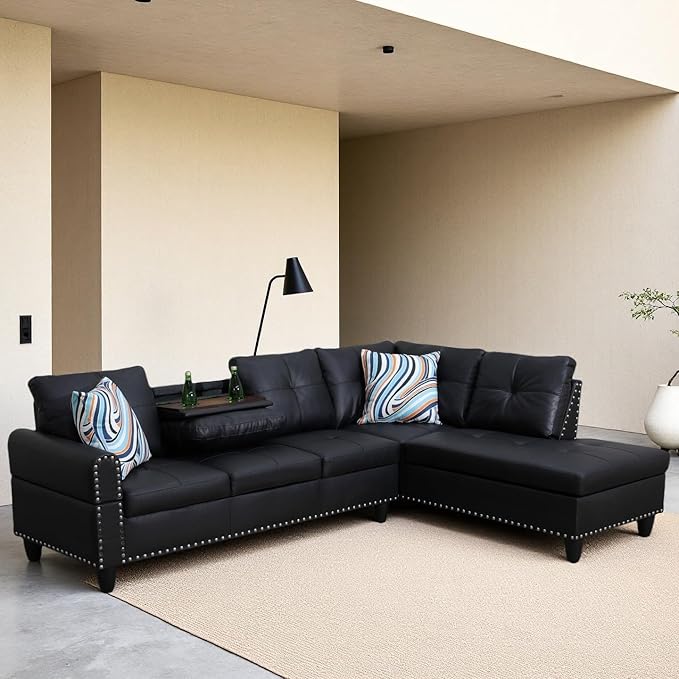 Sectional Couches for Living Room Furniture Sets, Convertible 4 Seat Modular Sectional Sofa Set with Cup Holder, L Shaped Sofas for Office Apartment, Leather Black