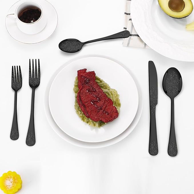 20 Pcs Black Silverware Set for 4 with Classical Flower Embossed Design, Food Grade Stainless Steel Flatware Set, Eating Utensils Sets Include Fork/Knife/Spoon, Cutlery Set, Dishwasher Safe