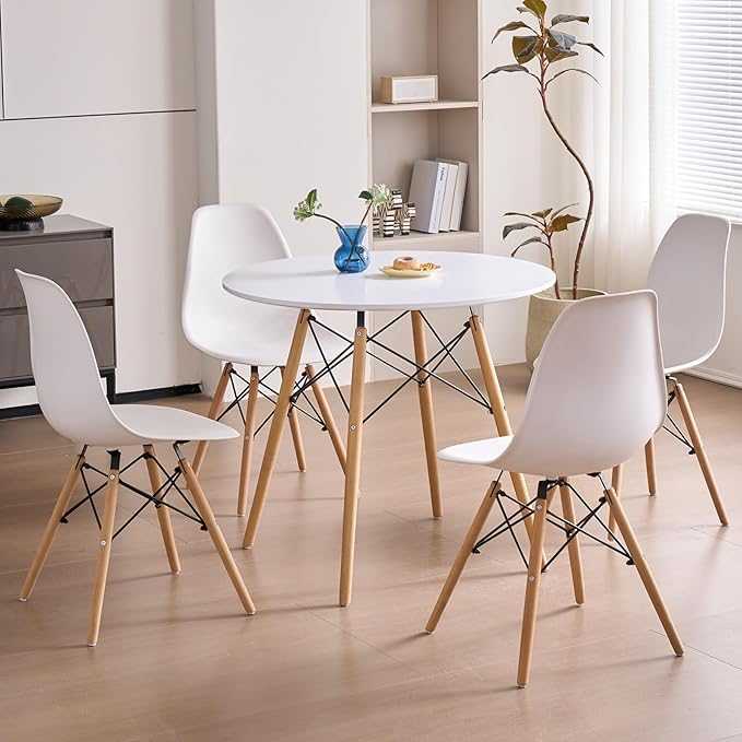 31.5'' 5 Piece Round Dining Table Set for 4, Mid-Century Modern Table with Chairs, Space Saving, Plastic Seats, Wood Legs, Circle Dinner Table for Kitchen, Home, Apartment, White