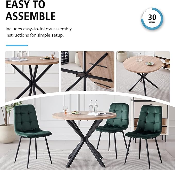 39" Round Dining Table Set for 4, Mid Century Kitchen Table with 4 Green Velvet Upholstered Dining Chairs for Apartment Living Room Space Saving