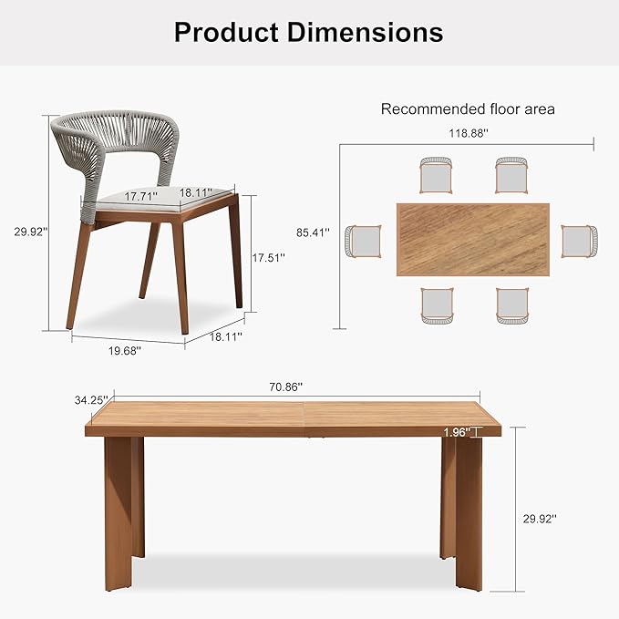 PURPLE LEAF Patio Dining Set for 6 Furniture Set Aluminum Rattan Wicker Patio Table and Chairs Set for Lawn Backyard Deep Teak