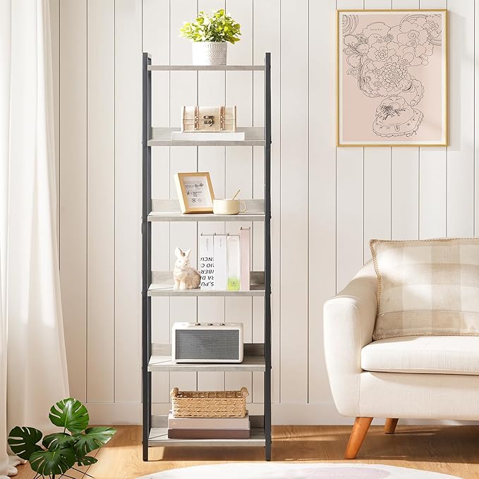 HOOBRO Bookshelf, 6-Tier Industrial Bookcase, Book Shelf Storage Organizer, Tall Bookshelf with Metal Frame for Living Room, Bedroom, Home Office, Kitchen, Greige and Black BG72SJ01