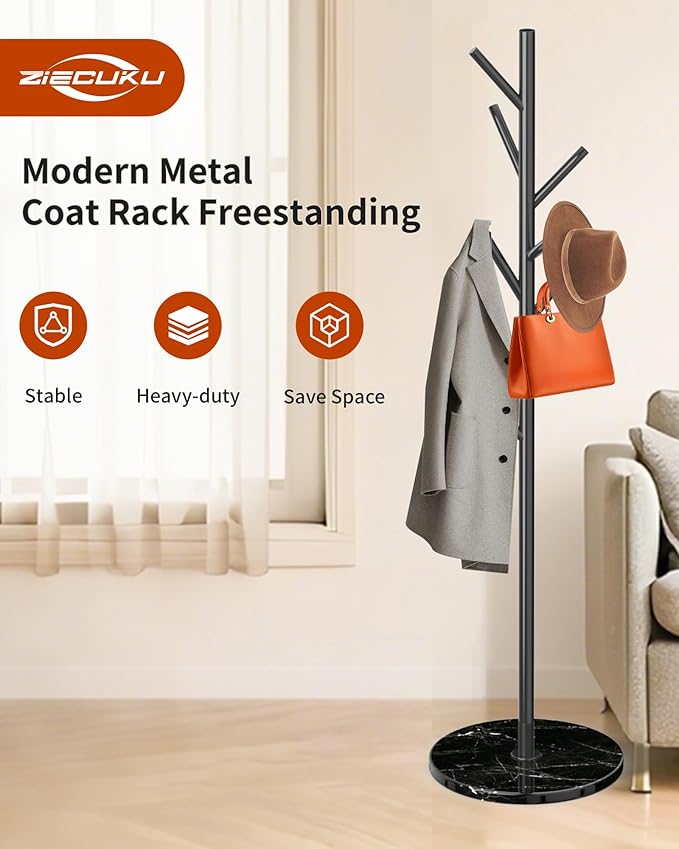 Metal Coat Rack with Natural Marble Base,Modern Coat Rack Stand with 8 Hooks,Sturdy Freestanging Coat Racks for Entryway,Office,Black Coat Jacket Hanger Tree Stand Coats, Scarves