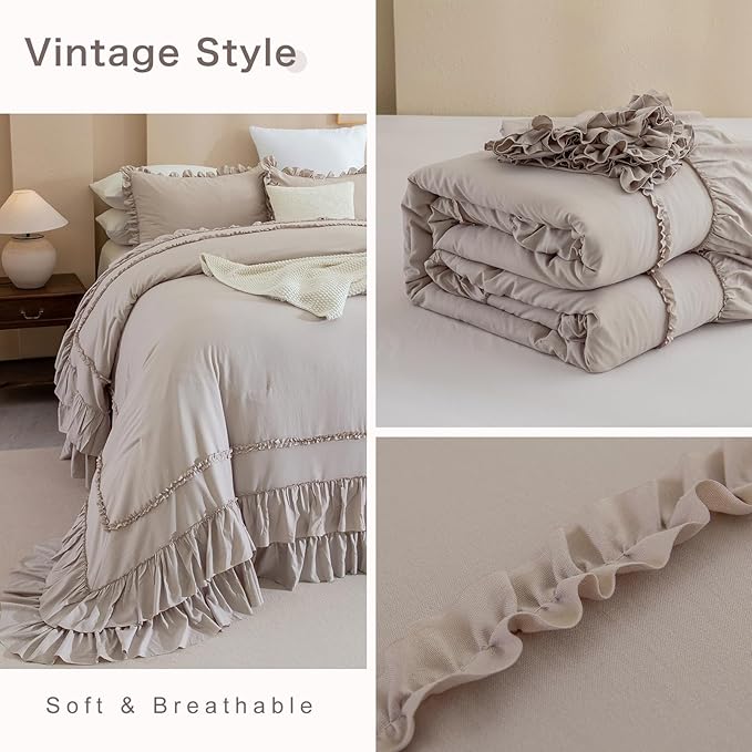 QSH Taupe Oversized California King Ruffled Bed Comforter Set 128x120, Farmhouse Vintage Chic Comforter French Country Shabby Bedding Comforter Soft Microfiber Fluffy Bedding 3 PCs