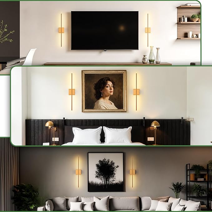 DORESshop Battery Operated Wall Sconces Set of Two with Remote Control, Rechargeable Wall Sconce, 350°Rotate Dimmable Wireless Wall Sconce for Living Room, Hallway, Bedroom, 28.1 Inch, Brass(2 Pack)