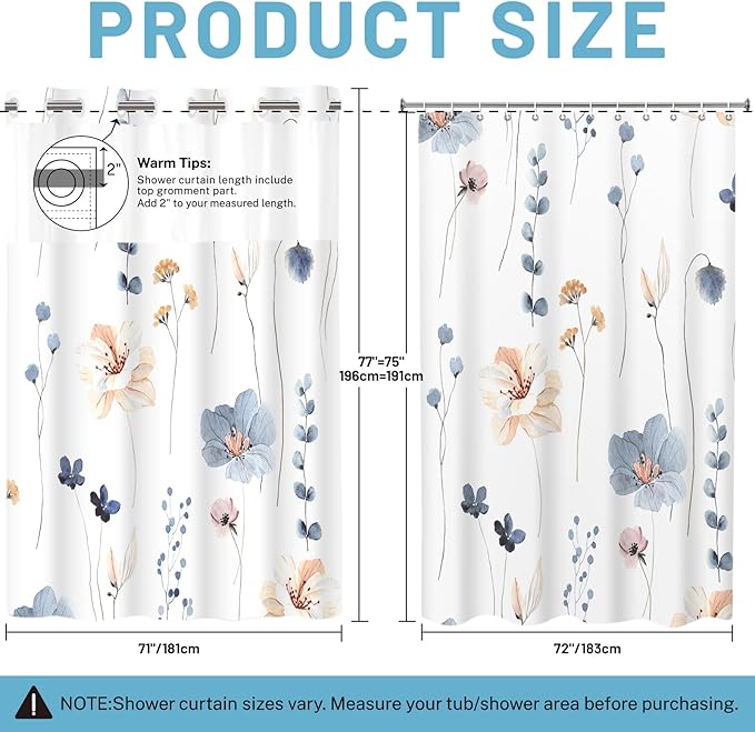 No Hook Shower Curtain with Snap in Liner - Watercolor Floral Shower Curtain - Fabric Waterproof Inner Liner, Plants Blue Beige Flowers White Cloth Shower Curtains Washable, 71 x 77 Inch
