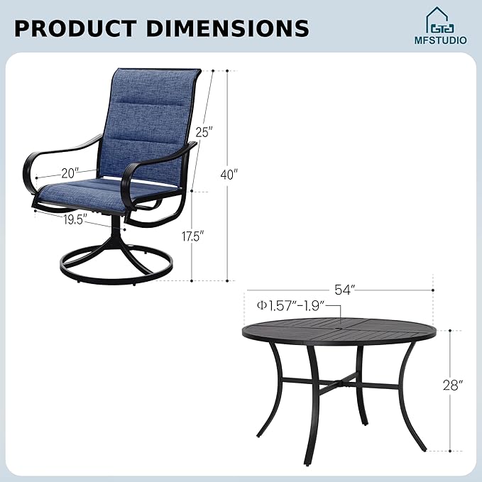 MFSTUDIO Patio Dining Set for 6, Round Patio Table and Chairs Set with Umbrella Hole, 7 Piece Outdoor Dining Set for Deck, Backyard, Poolside & Garden