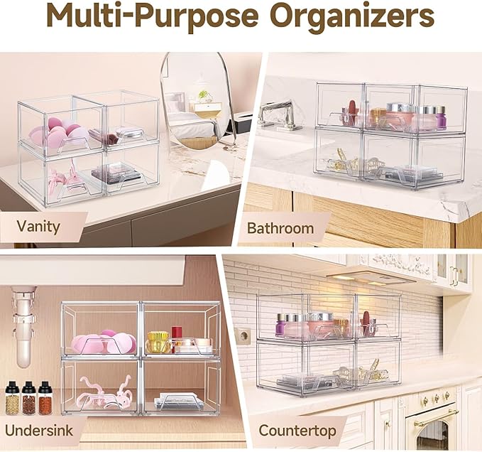 Damomo 4 Pack Stackable Organizer Drawers, 4.4" Tall Clear Bathroom Makeup Organizer and Storage, Acrylic Small Organizers Bins for Vanity, Undersink, Bathroom, Pantry, Kitchen Cabinets