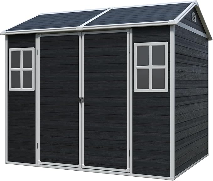 8x6 FT Outdoor Storage Resin Shed with Floor, Waterproof Plastic Garden Tool Shed with Windows, Vents & Lockable Door and Sloped Roof, Easy to Assemble Bike Shed for Patio, Backyard, Lawn, Black