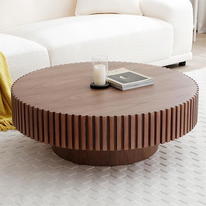 Round Coffee Table for Living Room, Accent Fluted Drum Coffee Table with Storage, Modern Solid Wood Circle Center Tea Table for Small Space Apartment (39.4''D×14''H-Walnut)
