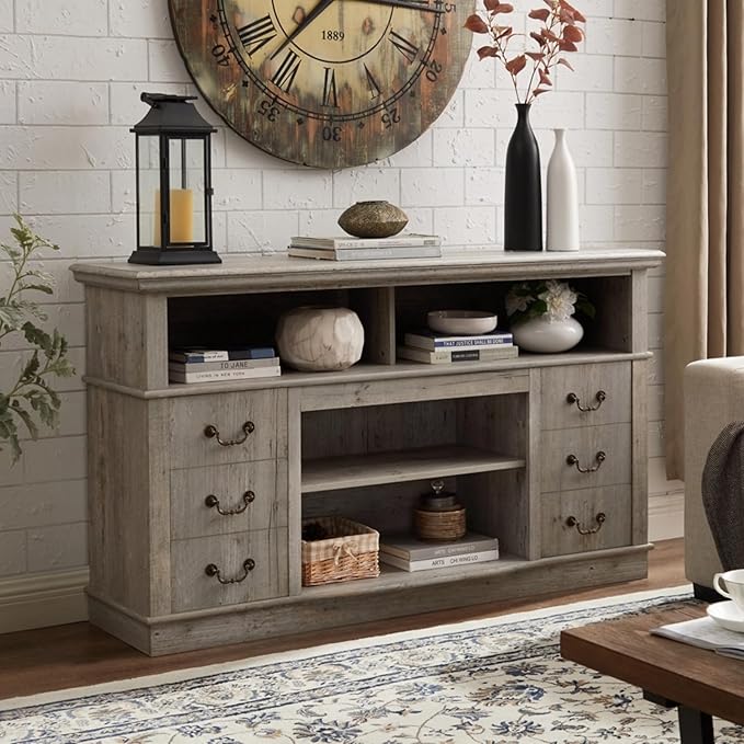 HMFULE 60" Entertainment Center for 60 65 Inch Television, TV Stand with Storage 2 Cabinets & 2 Doors & Adjustable Shelves, Modern TV Console, Rustic Farmhouse Living Room Furniture (Light Gray)