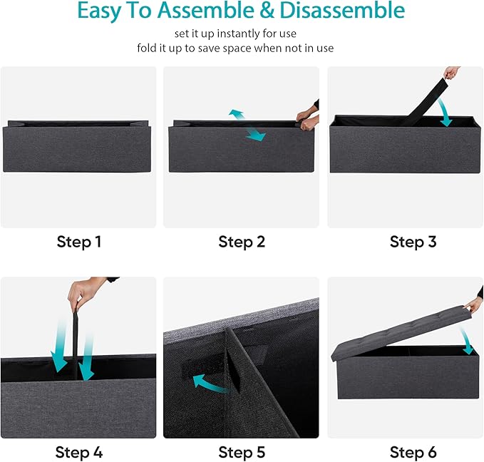 SUPER DEAL Folding Storage Ottoman Bench Foot Rest Storage Chest,15 x 43 x 15 Inches End of Bed Bench with Divider for Living Room Bedroom Entryway, 660 lbs Load Capacity, Linen Fabric, Dark Grey