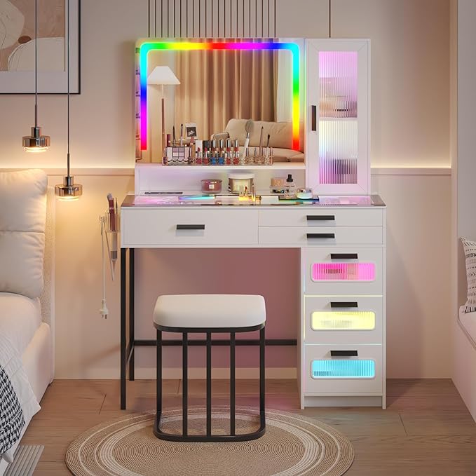 RGB Vanity Desk with Mirror and Lights, Glass Top Makeup Vanity with 6 Drawers & Wireless Charging,Vanity Table Set with RGB Cabinet Light and Jewelry Box, for Girls Bedroom, White