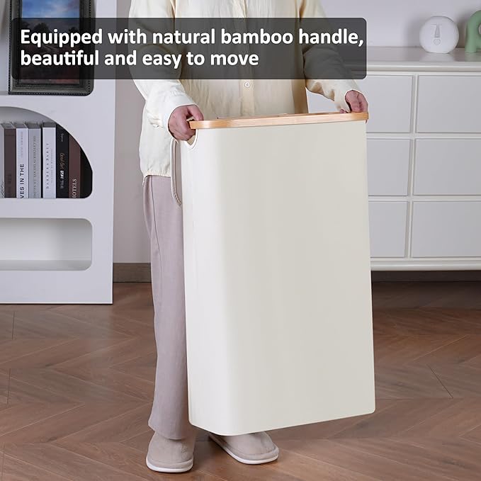 Slim Laundry Basket,Tall laundry Hamper with Lid,60L Hamper for Laundry,Dirty Cloth Hamper with Bamboo Handle for Toys,Towels, Clothes Organizing,Beige