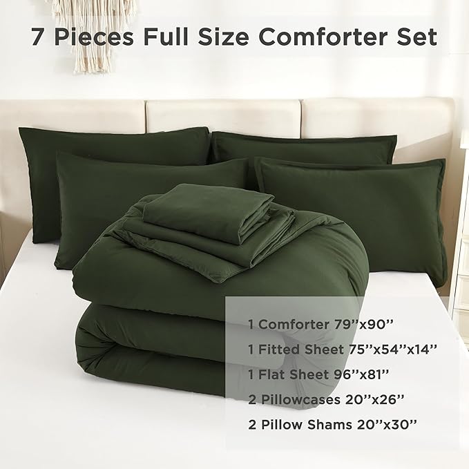 Litanika Comforter Full Size Set Olive Green - 7 Pieces Bed in a Bag Full Bedding Comforter Sets, Plain Lightweight Bed Set with Comforter, Sheets, Pillowcases & Shams