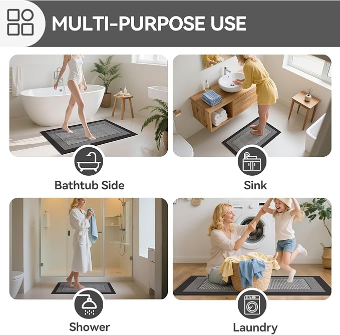 Non Slip Thin Bath Mat Bathroom Rugs, Rubber Backing Ultra Thin Bathroom Rug Fit Under Door, Quick Dry Super Absorbent Washable Shower Bath Mats, Grey 24x36