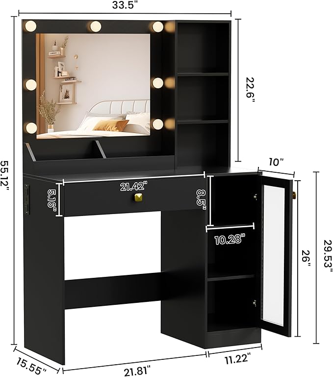 Makeup Vanity with Mirror and Lights, 34'' Wide Dressing Table with Charging Station & RGB Glass Cabinet, Small Vanity Desk with 3 Color Lighting Modes & Adjustable Brightness, Black