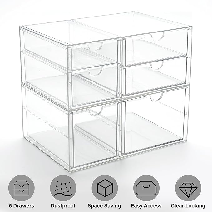 Prsildan Acrylic Drawer Makeup Organizer with 6 Drawers, Set of 2 Office Desk Organizers Accessories, Clear Stackable Storage Drawers for Vanity, Craft, Not for Baby Bottle (Largest Drawer 4" Tall)
