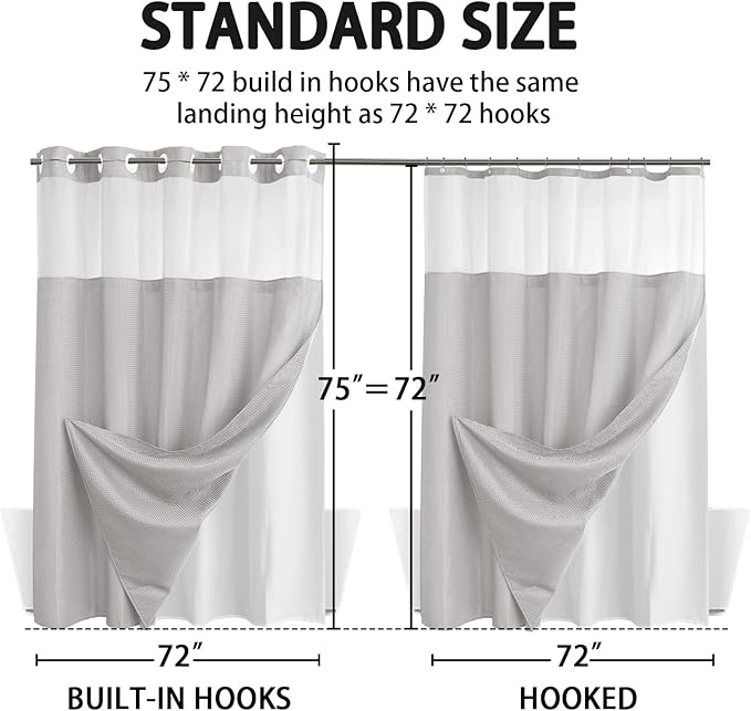 YellyHommy No Hook Shower Curtain with Snap in Liner Set Less Time Light Gray Waffle Shower Curtain for Bathroom 75" L x 72" W Light Grey