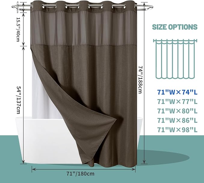 Brown No Hook Waffle Weave Shower Curtain with snap-in Liner Replacement, 230GSM Waterproof Fabric Hotel Shower Curtain Set for Bathroom, Through Mesh Top Window,71Wx74H