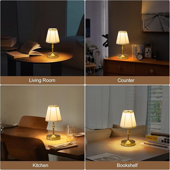 5w Led Cordless Mini Lamps,3000 mah Battery Operated Lamp,3 Color Temperature Dimmable Table Lamp,Gold Rechargeable Table Lamp Fabric,Aesthetic Small kitchen Lamp for Counter,Restaurant,Bar,H9.8"