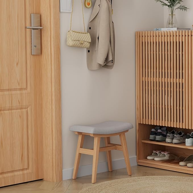 Solid Wood Small Vanity Stool, Compact Makeup Chair with Saddle Cushion, Linen-Covered High Rebound Sponge Seat, Easy Assembly Footstool for Bedroom, Entryway, Home, Natural