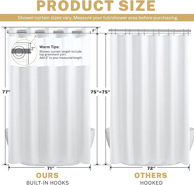 No Hook Shower Curtain with Snap in Liner, Polyester Textured Shower Curtain with Liner Set, Waterproof Washable Hotel Style Shower Curtains for Bathroom, 71Wx77H, White