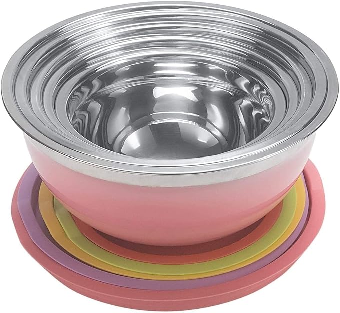 Set of 5 Colorful Stainless Steel Mixing Bowls with Matching Lids β Nesting Design for Space-Saving Storage β Ideal for Cooking, Baking, Meal Prep, Food Storage, and Kitchen Organization