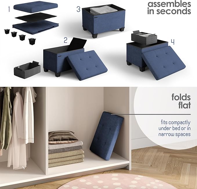 STORAGEBUD Storage Ottoman Cube with Small Bin, 16-in Square Ottoman with Storage for Living Room and Bedroom, Small Ottomans Foot Rest, Fabric Foot Stools Ottomans Max 330lbs, Blue