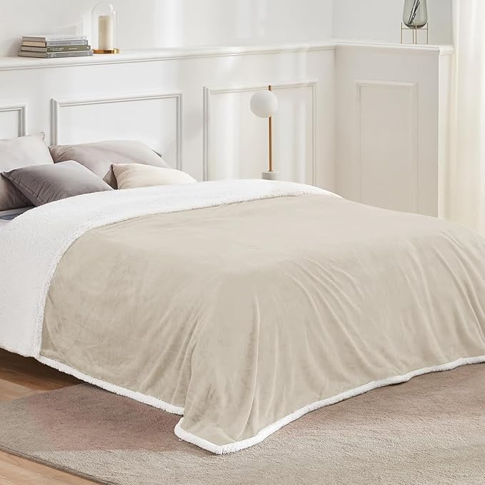 Beautex Sherpa Fleece Throw Blanket Twin Size for Couch - Thick and Warm Blanket for Winter, Fluffy Flannel Plush Twin Blanket, Fuzzy Beige Cuddle Blankets for Couch Bed Sofa (60" x 80", Beige)
