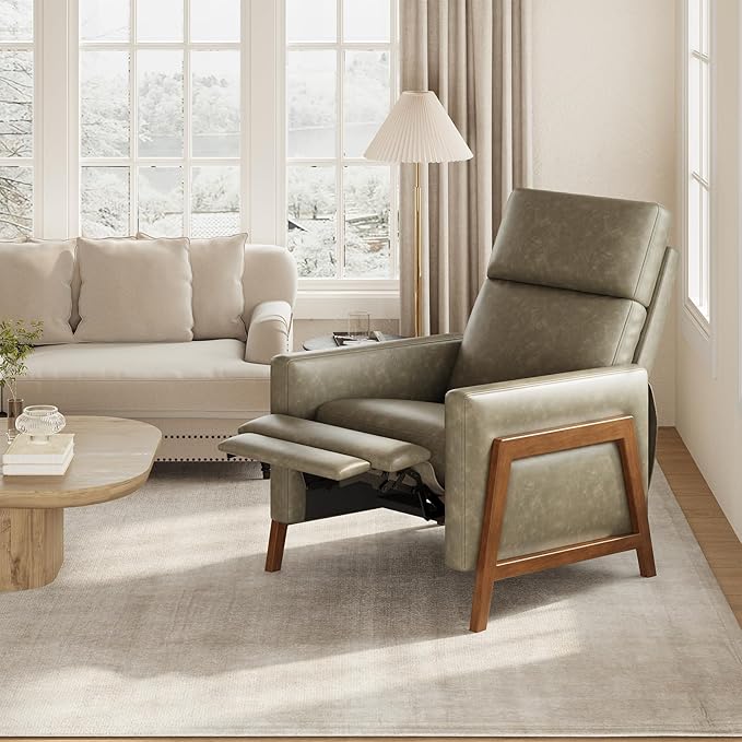 COLAMY Push Back Recliner Chair Set of 2,Mid Century Modern Wingback Chair, Comfy Armchair PU Leather Living Room Chairs with Wood Legs Reclining Chair Adjustable, Grey