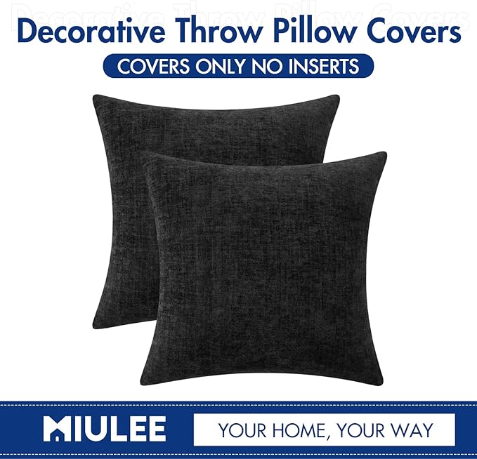 MIULEE Pack of 2 Black Throw Pillow Covers 16x16 Inch Soft Chenille Pillow Covers for Sofa Living Room Couch Solid Dyed Cases