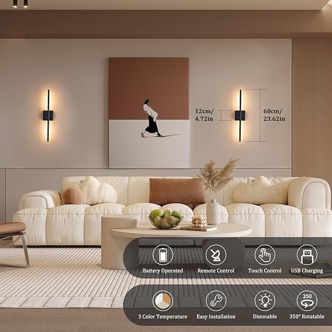 Battery Operated Wall Sconce Set of 2, 8000mAh Wireless Wall Sconces, 3000K-6000K Dimmable, 350°Rotate, Indoor Wall Lights with Remote for Bedroom Living Room Bathroom, Black, 23.6 Inch
