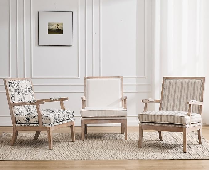 chairus Farmhouse Linen Accent Chair Set of 2, Upholstered Reading Chair with Solid Wood Frame Lounge Arm Chair with High Back for Living Room, Reception Room, Waiting Room, Khaki Stripe
