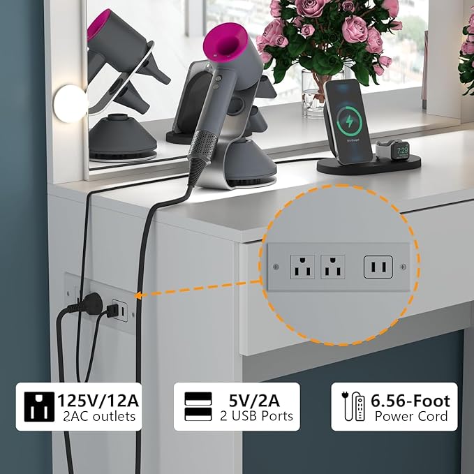 Loomie Vanity Desk with Lighted Mirror & Power Outlet, Makeup Vanity Table with 6 Drawers, 3-Tier Shelf, Vanity Dresser with 10 Lights in 3 Lighting Colors for Bathroom, Bedroom,Makeup Room, White
