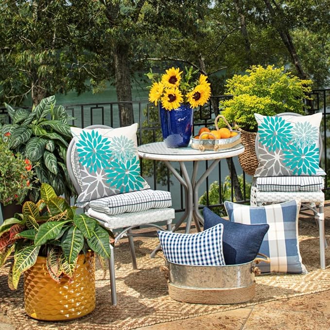 DFXSZ Outdoor Throw Pillow Covers 16x16 Inch Set of 2 Waterproof Spring Summer Geometric Elegant Aqua Blue Outdoor Pillow Covers for Patio Funiture Garden Couch 168C16