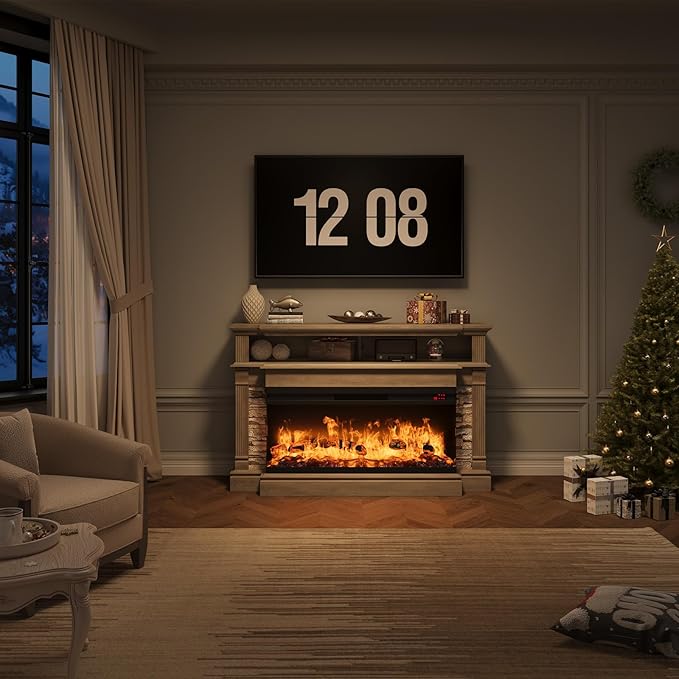 QUW Fireplace TV Stand for TVs up to 65", Farmhouse 52" Fireplace Entertainment Center with 36" 3-Side Glass Electric Fireplace, TV Console with Open Storage Shelves for Living Room, Grey