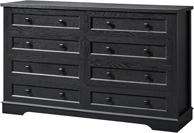 SOOWERY Dresser for Bedroom, Farmhouse Dresser with 8 Wooden Drawers and Storage Cabinet, 55 Inches Wide Chest of Drawers for Bedroom, Living Room, Hallway, Black