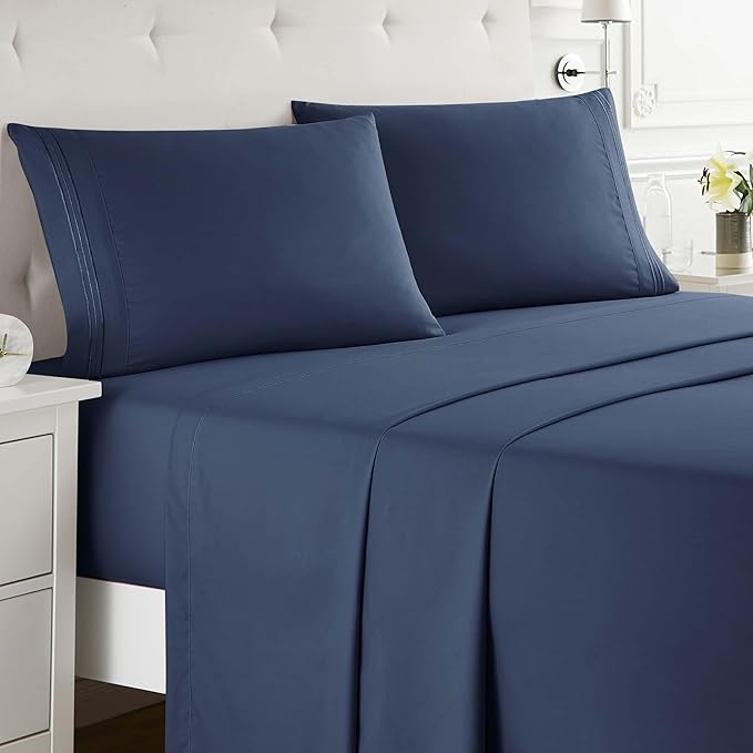Clara Clark Full XL Bed Sheet Set - Wrinkle, Fade, Stain Resistant, Deep Pocket Sheets - Luxury Soft Bedding Sheets & Pillowcases, Full XL Navy Blue