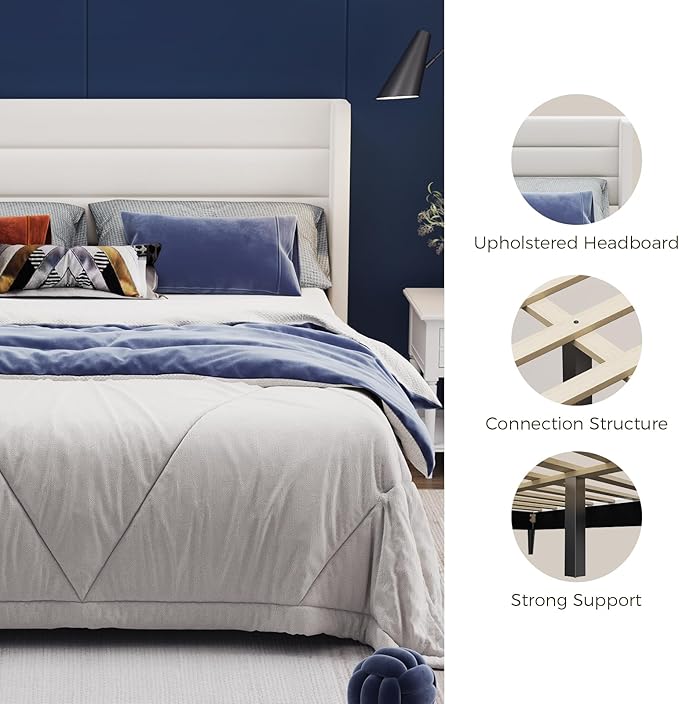 Casaottima Queen Bed Frame Upholstered Platform Bed with Wingback Headboard, Wooden Slats Support, Noise-Free Mattress Foundation, No Box Spring Needed, Easy Assembly, Horizontal Stripe Cream White