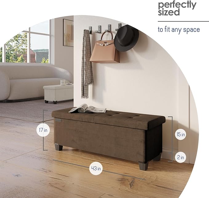STORAGEBUD Storage Ottoman Bench with Bins, 43-in Storage Bench for Bedroom End of Bed, Folding Foot Rest Ottoman for Living Room Max 660lbs, Velvet Ottomans, Brown