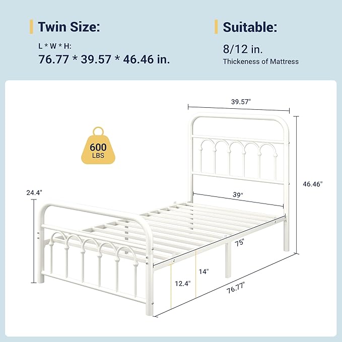 Allewie 14 Inches Twin Size Metal Platform Bed Frame with Victorian Style Curved Iron-Art Headboard/Footboard, Metal Slats Support, Easy Assembly, Under Bed Storage, No Box Spring Required, White