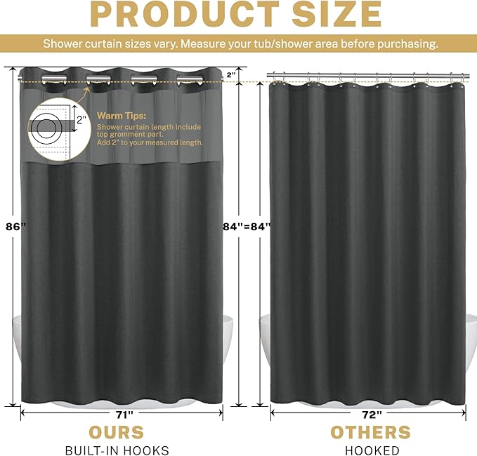 Extra Long No Hook Shower Curtain with Snap in Liner, Polyester Textured Shower Curtain with Liner Set, Waterproof Washable Hotel Style Shower Curtains for Bathroom, 71Wx86H, Charcoal Grey