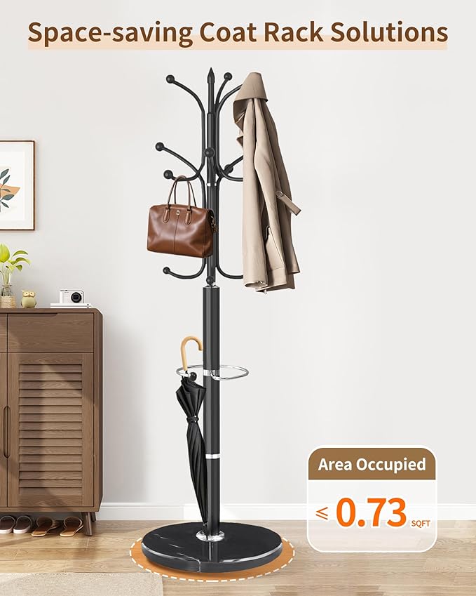 EZIVIEZ Modern Coat Rack Stand, Metal Freestanding Coat Rack with Natural Marble Base, Heavy-Duty Coat Racks with Umbrella Holder,Black Coat Hanger Stand with 12 Hooks for Office, Entryway, Hallway