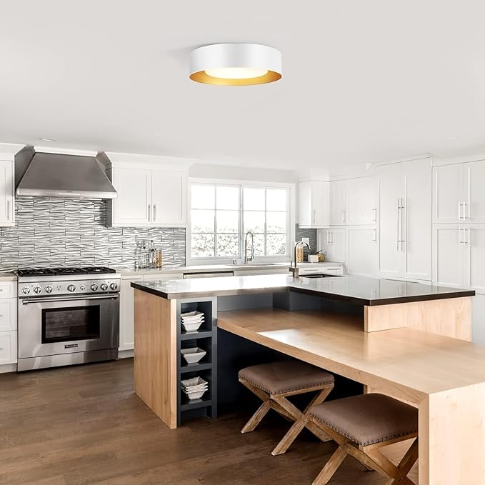 Vikaey Modern Mid Century Flush Mount Ceiling Light, 3-Light Minimalist Round Light Fixture, White Drum Ceiling Lamp with Glass Lampshade for Bedroom, Living Room, Kitchen, 16.5in