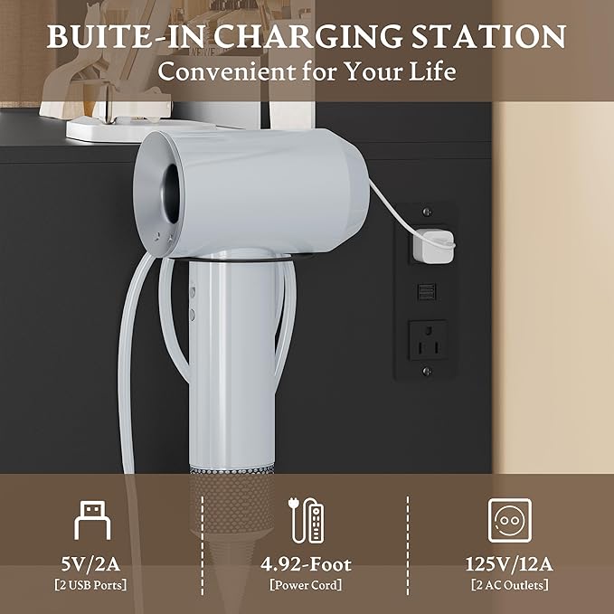 Vanity Desk with Mirror and Lights, Makeup Vanity Set with 3 Storage Drawers & Adjustable Shelves, Dressing Table with RGB Cabinets & Charging Station, 3 Lighting Modes for Women Kids Bedroom, Black