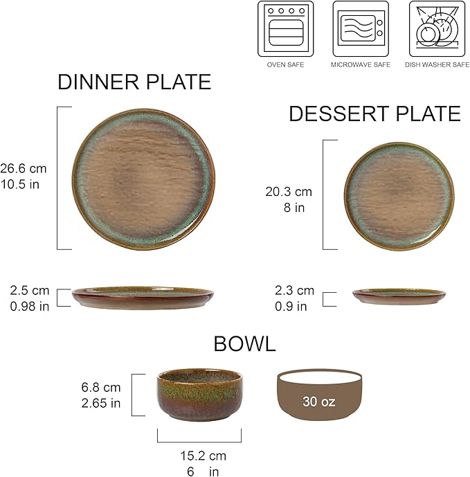 “Alyssa” 12-Piece Stoneware Dinnerware Set with Reactive Glaze Finish, Service for 4, Brown Reactive Glaze