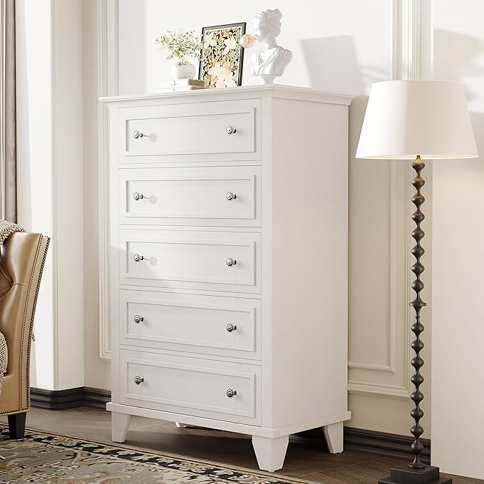 GAOMON White 5 Drawer Dresser for Bedroom, 48" Tall Wood Dresser & Chests of Drawers with Deep Drawers, Modern Chest Organizer with Metal Handles for Living Room, Hallway, Entryway